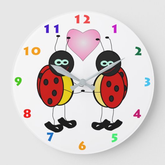 かわいいお玉とピンクのハート子供へ2羽 ラージ壁時計 (正面)