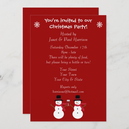 かわいいお祝いの雪だるまのクリスマスのパーティの招待状 招待状 (正面/裏面)