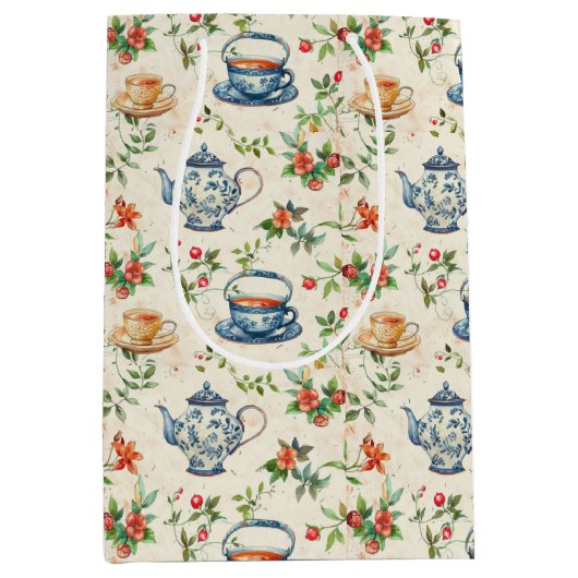 かわいいお茶好きのタイルパーティー ミディアムペーパーバッグ (正面)