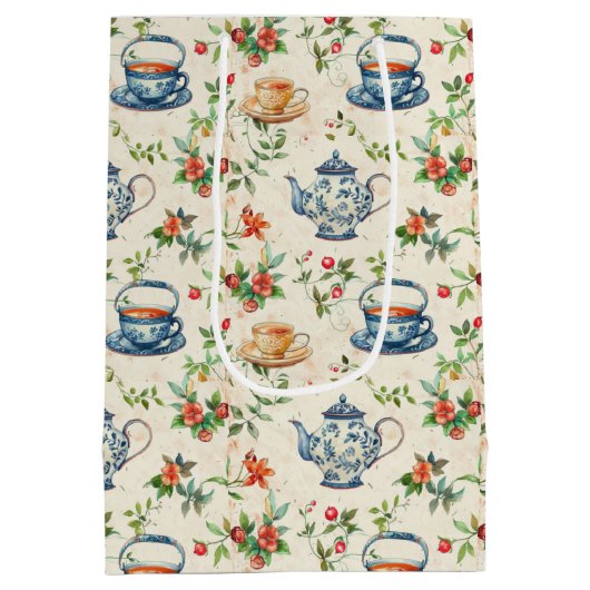 かわいいお茶好きのタイルパーティー ミディアムペーパーバッグ (裏面)