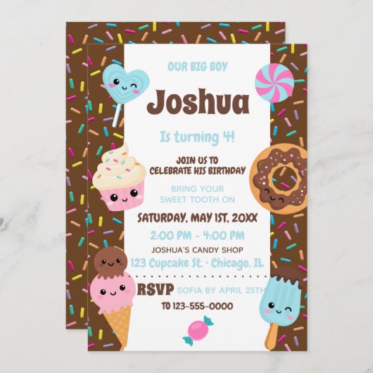 かわいいお菓子かわいいの少年誕生日パーティー 招待状 (正面/裏面)