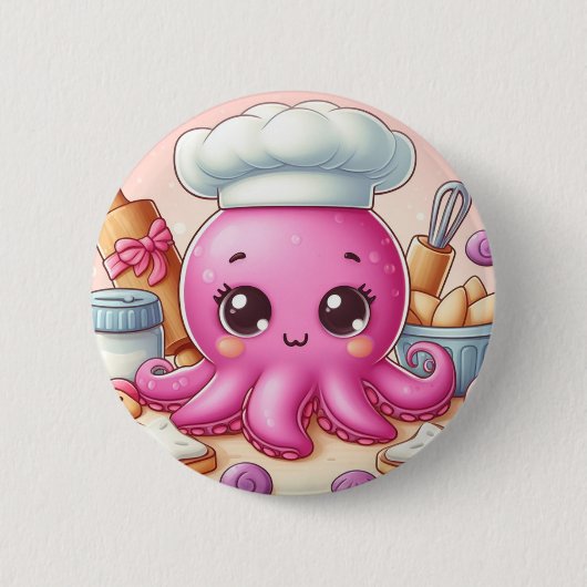 かわいいお菓子作りのタコのボタン 缶バッジ (正面)