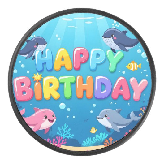 かわいいお誕生日おめでとうイルカのデザイン アイスホッケーパック (正面)