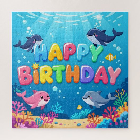かわいいお誕生日おめでとうイルカのデザイン ジグソーパズル (縦)