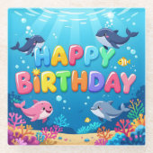 かわいいお誕生日おめでとうイルカデザイン ガラスコースター (正面)