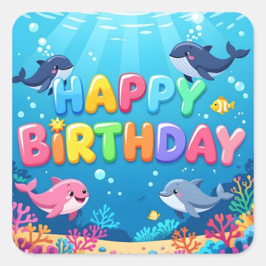 かわいいお誕生日おめでとうイルカデザイン スクエアシール (正面)