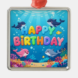 かわいいお誕生日おめでとうイルカデザイン メタルオーナメント