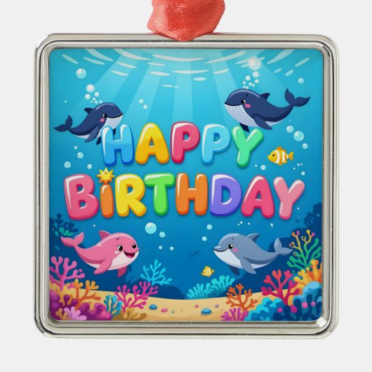 かわいいお誕生日おめでとうイルカデザイン メタルオーナメント (正面)