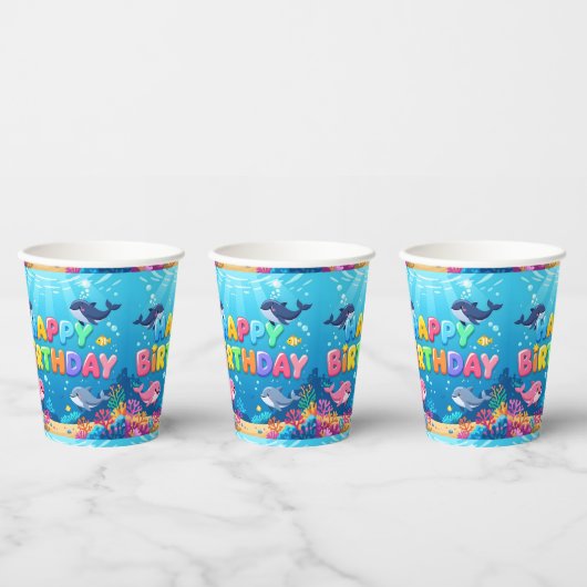 かわいいお誕生日おめでとうイルカデザイン 紙コップ (複数)