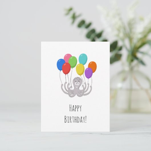 かわいいお誕生日おめでとう カラフルな風船のタコの漫画 ポストカード (スタンド正面)