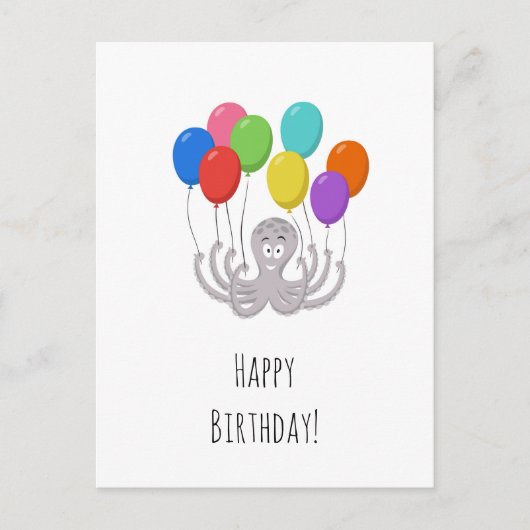 かわいいお誕生日おめでとう カラフルな風船のタコの漫画 ポストカード (正面)