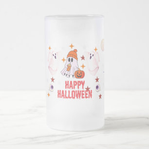 かわいいかぼちゃの幽霊と血まみれの手形のハロウィンデザイン フロストグラスビールジョッキ