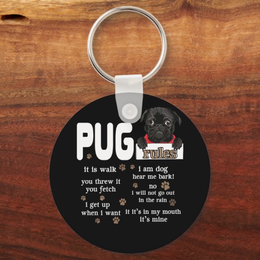 かわいいかわいいおもしろいブラックパグ犬のルールのギフト キーホルダー (正面)