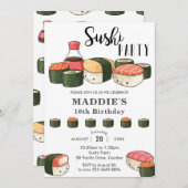 かわいいかわいいすしパーティーガール誕生日 招待状 (正面/裏面)