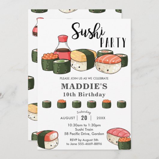 かわいいかわいいすしパーティーガール誕生日 招待状 (正面/裏面)