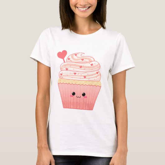 かわいいかわいいのバレンタインのハートのピンクのカップケーキ Tシャツ (正面)
