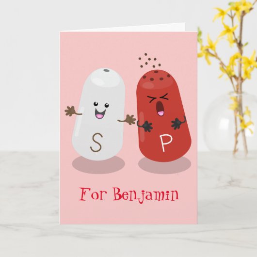 かわいいかわいいの塩とコショウのシェーカー漫画 カード (黄色い花)