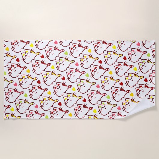 かわいいかわいいの猫とハートの柄 ビーチタオル (正面)