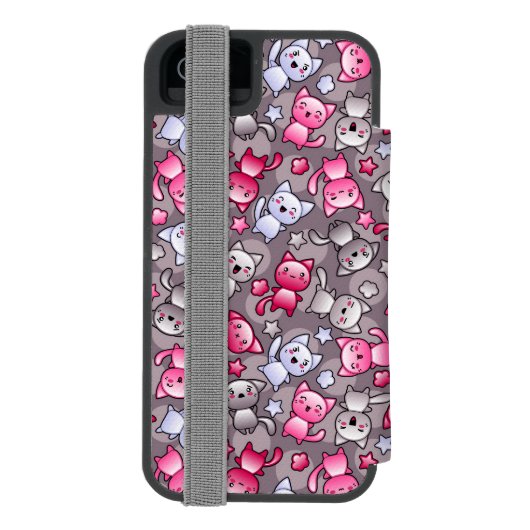 かわいいかわいいの落書き猫が付いているパターン INCIPIO iPhoneウォレットケース (フォリオ裏面)