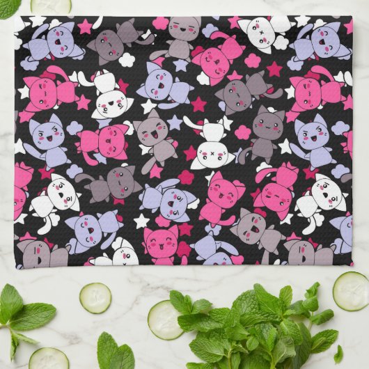 かわいいかわいいの落書き猫3が付いているパターン キッチンタオル (折り畳み)