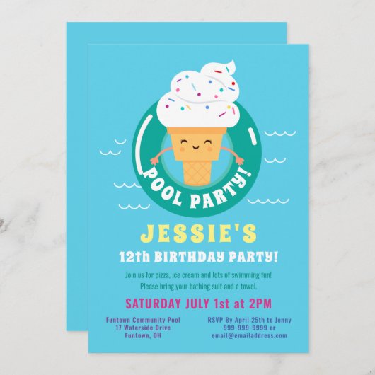 かわいいかわいいアイスクリームプールパーティー子供の誕生日 招待状 (正面/裏面)