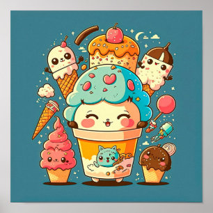 かわいいかわいいアイスクリーム漫画ベクトルイラストレーション。 ポスター
