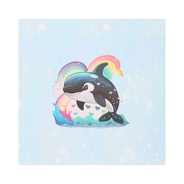 かわいいかわいいオルカキラーホエールレインボウズ メタルプリント (正面)