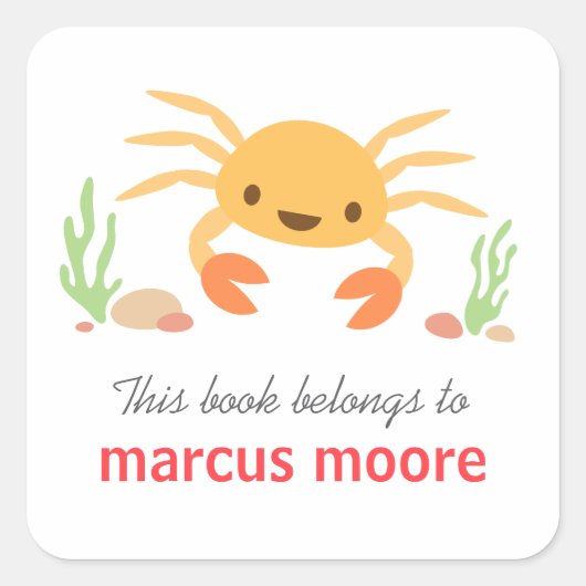 かわいいかわいいカニ動物の漫画蔵書票 スクエアシール (正面)