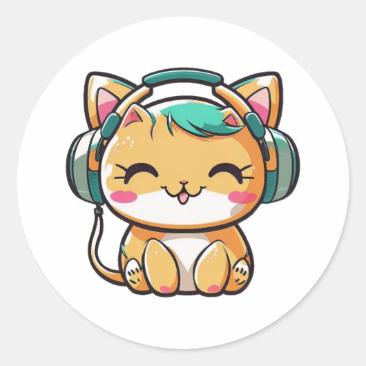 かわいいかわいいカラフルハッピーキャットとヘッドフォン ラウンドシール (正面)