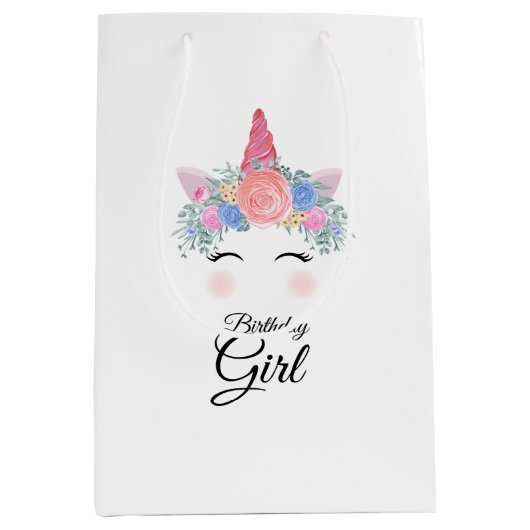 かわいいかわいいカラフルレインボーユニコーン誕生日ガール ミディアムペーパーバッグ (正面)