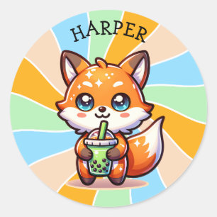 かわいいかわいいキツネとバブルティーパーソナライズされた ラウンドシール