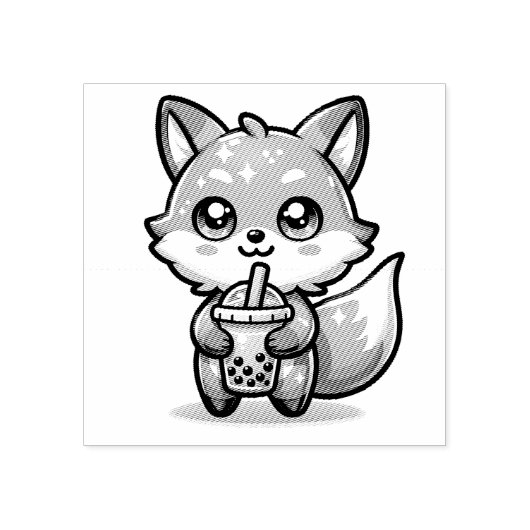 かわいいかわいいキツネとバブルティー ラバースタンプ (インプリント)