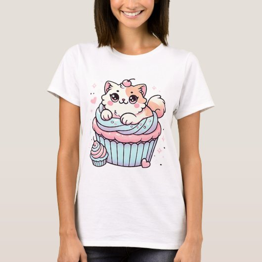 かわいいかわいいキャットカップケーキソフト綿 Tシャツ (正面)