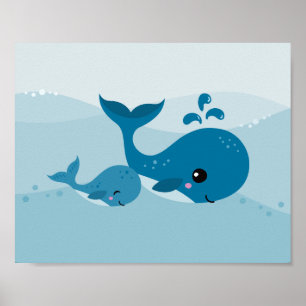 かわいいかわいいクジラが柔らかい青い波に泳ぐ ポスター