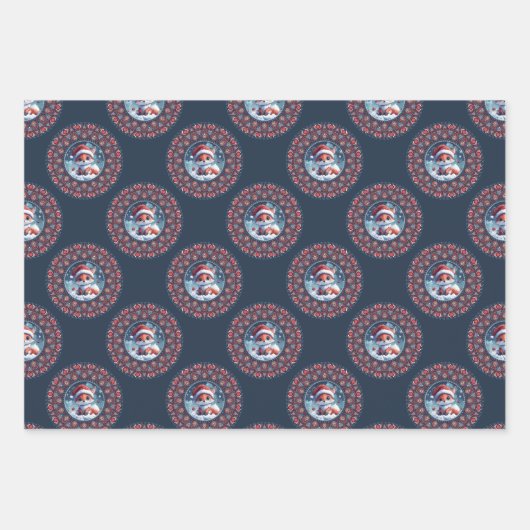 かわいいかわいいクリスマスキツネ水玉模様マンダラ ラッピングペーパーシート (正面)