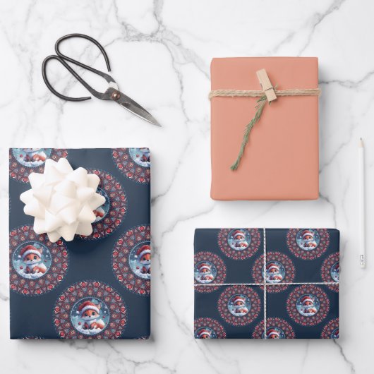 かわいいかわいいクリスマスキツネ水玉模様マンダラ ラッピングペーパーシート (正面)