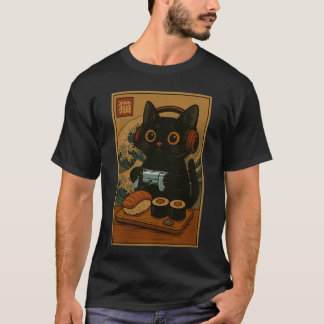 かわいいかわいいゲーマー猫の面白い寿司レトロ日本語C Tシャツ