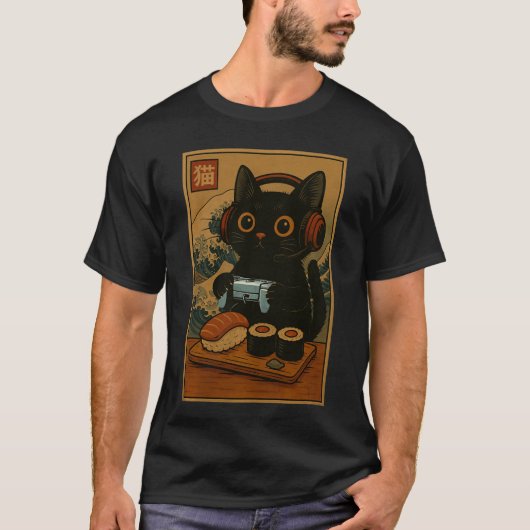 かわいいかわいいゲーマー猫の面白い寿司レトロ日本語C Tシャツ (正面)