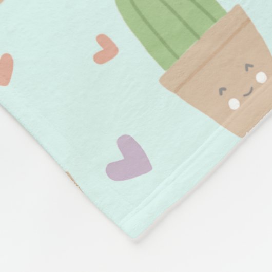 かわいいかわいいサボテンとハートの柄 フリースブランケット (角)