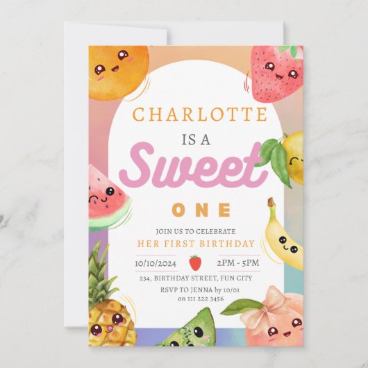 かわいいかわいいサマーフルーツ1stファースト誕生日ガール 招待状 (正面)