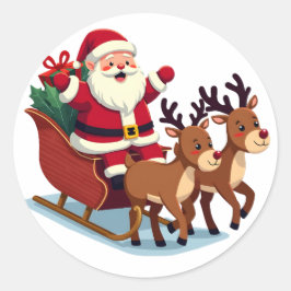 かわいいかわいいサンタクロースSanta on Sleigh with Reind ラウンドシール