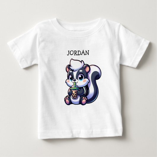 かわいいかわいいスカンクとバブルティーパーソナライズされた ベビーTシャツ (正面)