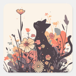 かわいいかわいいズキャットと花だらけの野 スクエアシール