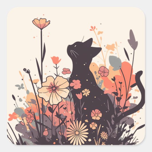かわいいかわいいズキャットと花だらけの野 スクエアシール (正面)