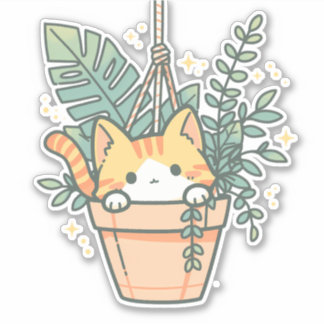 かわいいかわいいチビ（小さくかわいく書いた感じ）オレンジキャットwith植物 シール