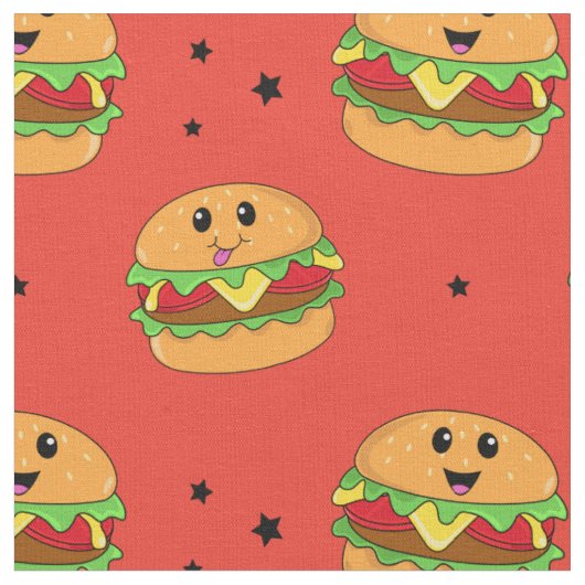 かわいいかわいいチーズバーガーのパターン赤 ファブリック (クローズアップ)