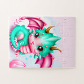 かわいいかわいいティール（緑がかった色）とピンクベビードラゴン ジグソーパズル (横)
