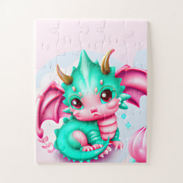 かわいいかわいいティール（緑がかった色）とピンクベビードラゴン ジグソーパズル
