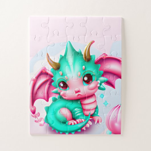 かわいいかわいいティール（緑がかった色）とピンクベビードラゴン ジグソーパズル (縦)
