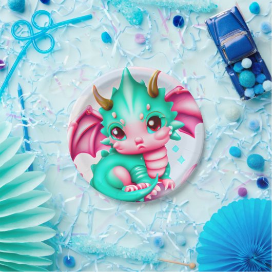 かわいいかわいいティール（緑がかった色）とピンクベビードラゴン ペーパープレート (パーティー)